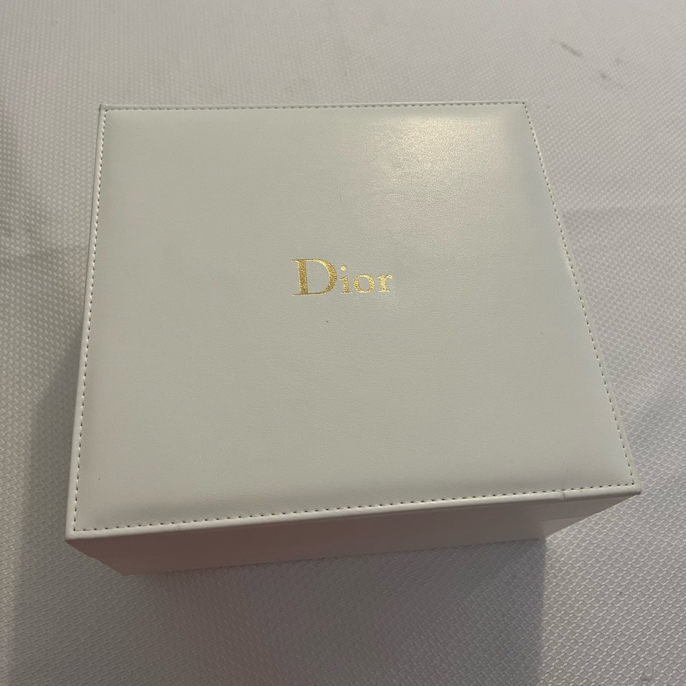 White Dior Hinged faux leather Square Box w/logo Satin Lined 8”x8.75”x 4.5”